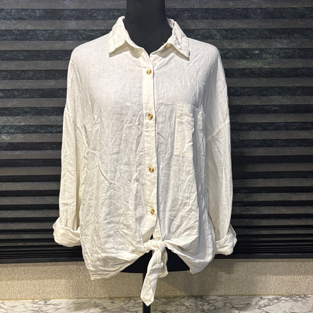 Thread and Supply Women’s Off White Linen Blend Tie‎ Front Collared Shirt Large